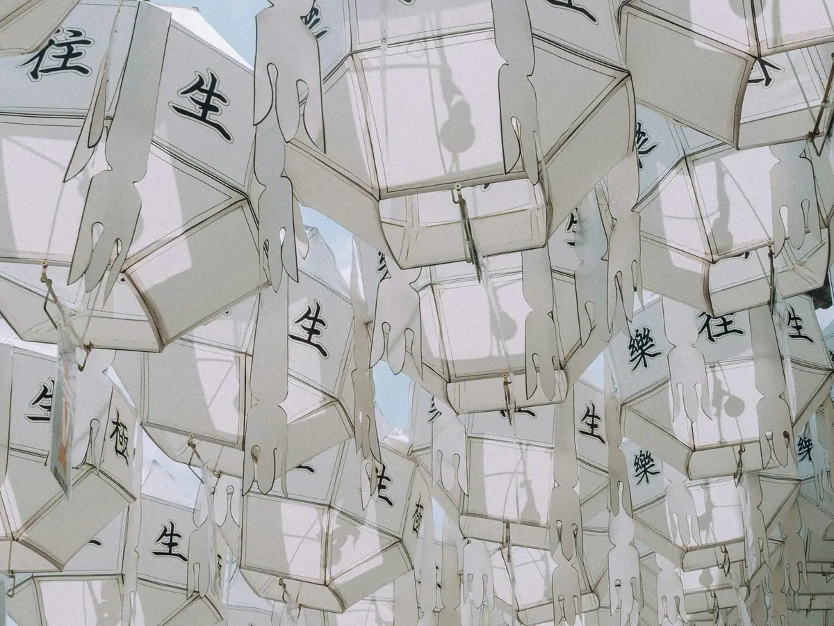 청계천 수면 위에 낮게 걸린 연꽃 모양 한지 등