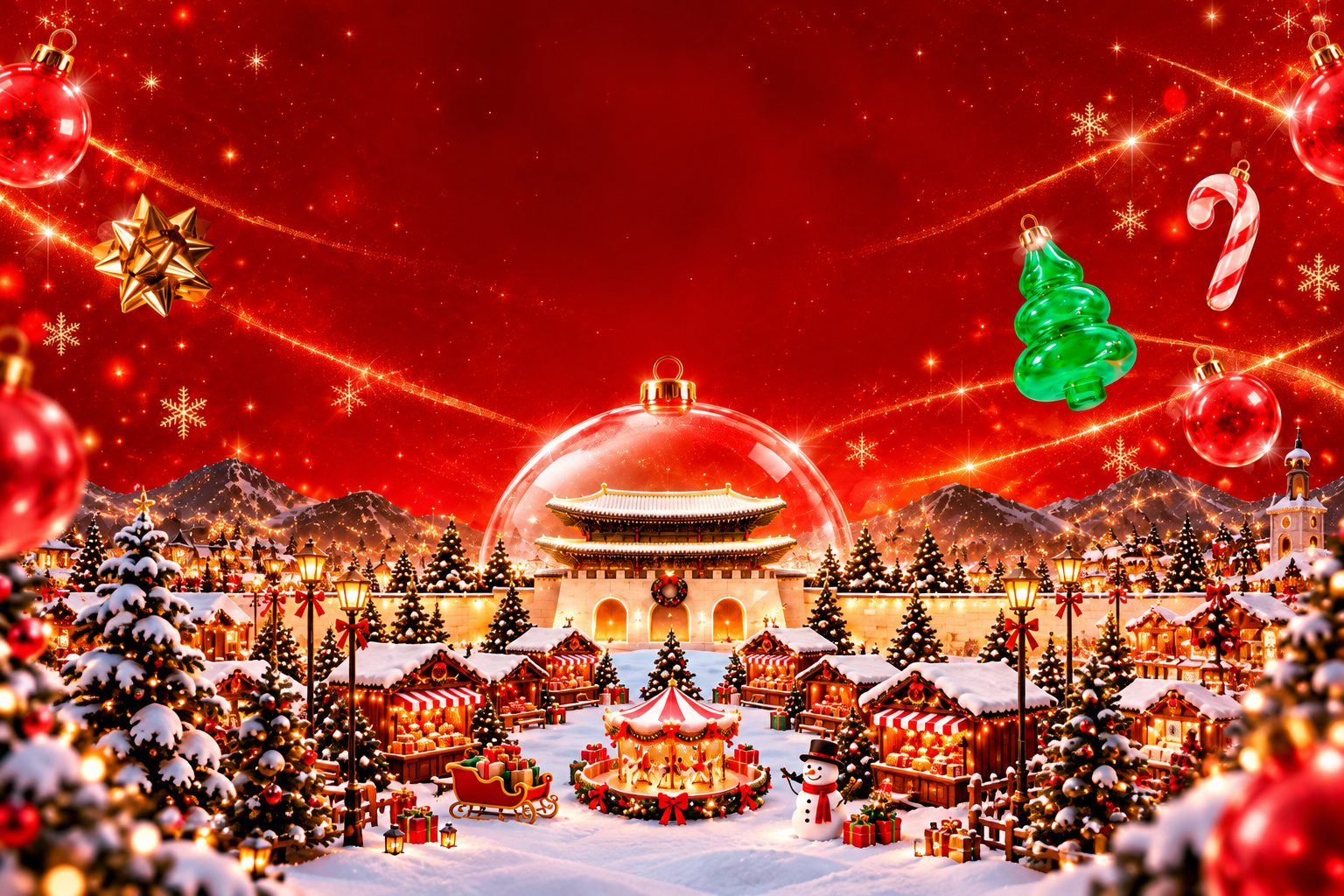Concept illustration of Gwanghwamun and a Christmas village